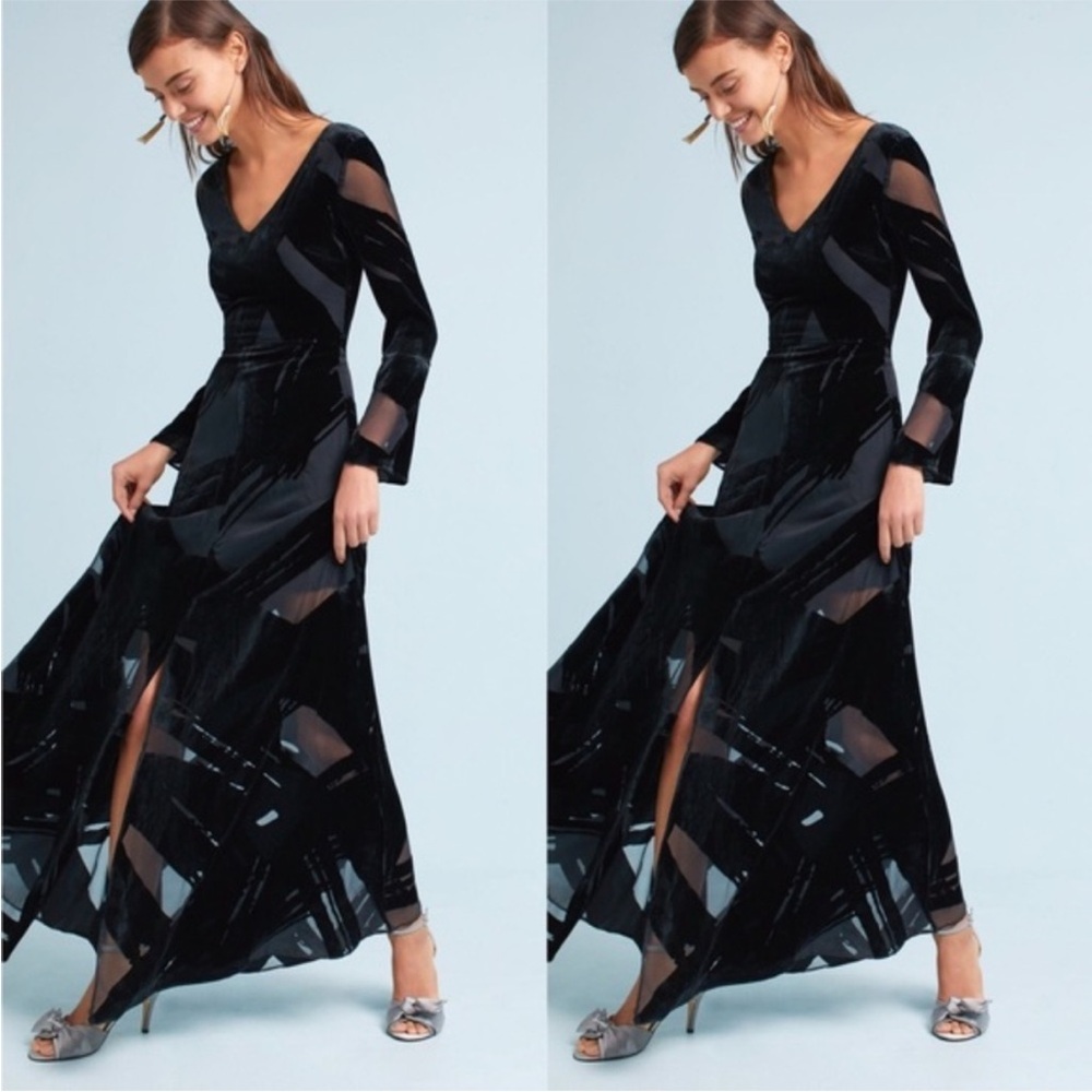 Anthropologie Black Velvet Maxi Dress with Sheer Panels